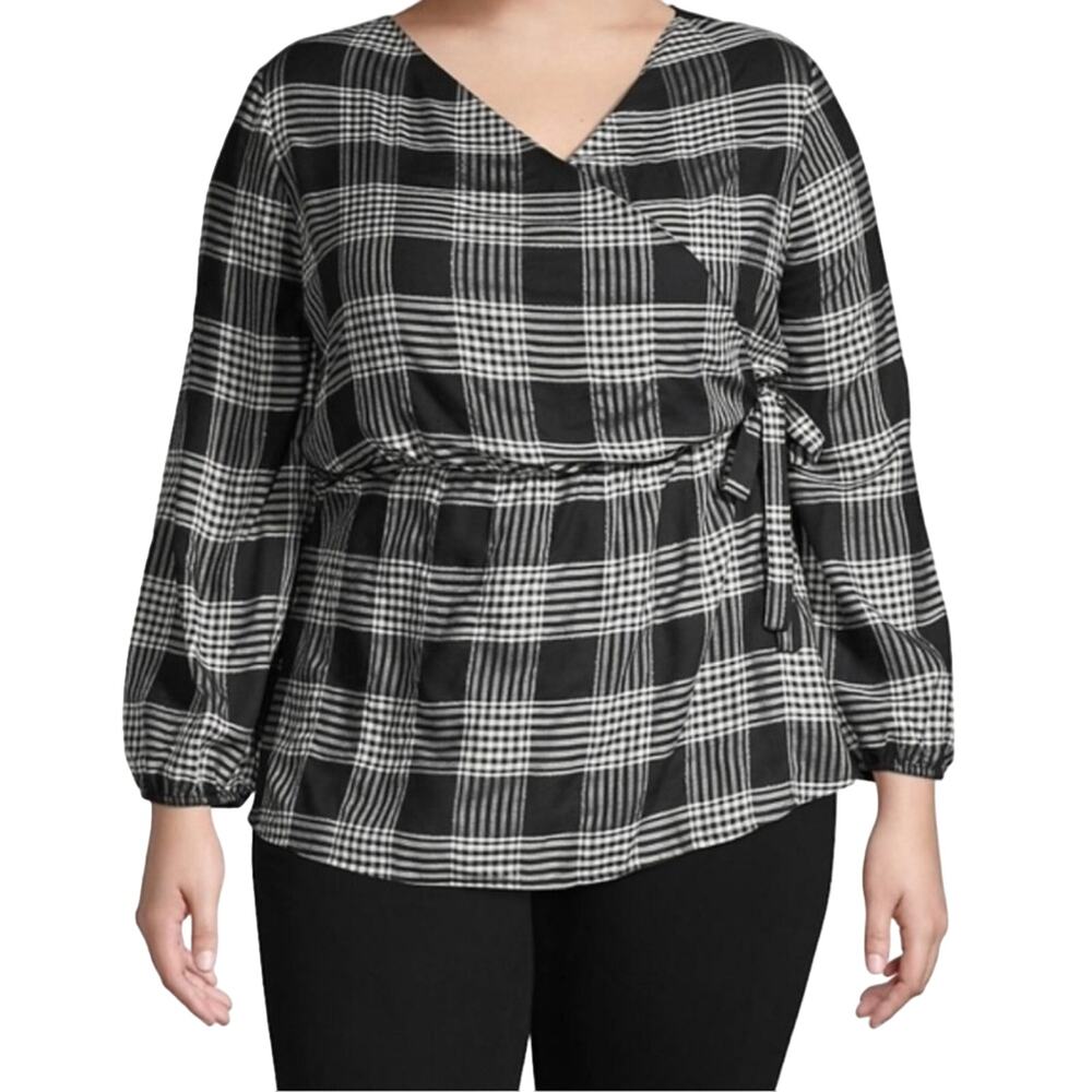 NWT Lane Bryant Black White Silver Plaid Faux Wrap Top Size 28